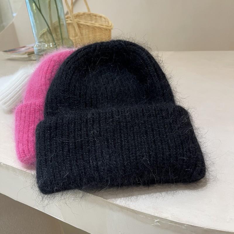 Теплая шапка из меха ангорского кролика для женщин, мягкая толстая женская зимняя вязаная шапка, модная широкая манжета, однотонная, русская лыжная брендовая шапка