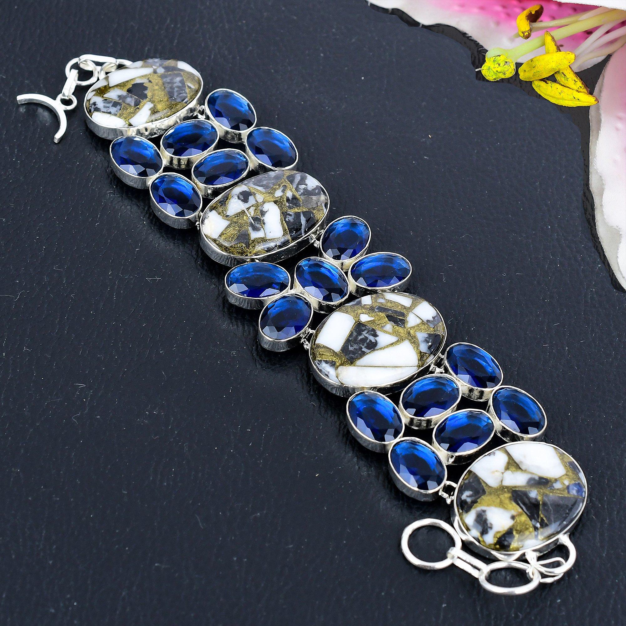 Zebra Jasper, Blue Topaz Gemstone 925 Sterling Silver Bracelet 7-8 KG-1809
Zebra Jasper, Blue Topaz Gemstone 925 Sterling Silver Bracelet 7-8 KG-1809