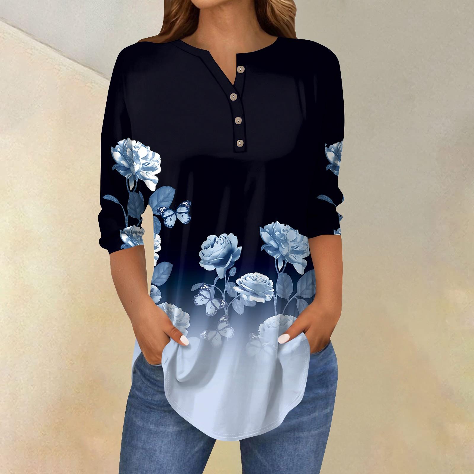 Жіночі топи з рукавом 3/4 Літні футболки з квітковим принтом V-подібним вирізом Повсякденні базові футболки на ґудзиках Топ-туніки XXXL Темно-синій
Жіночі топи з рукавом 3/4 Літні футболки з квітковим принтом V-подібним вирізом Повсякденні базові футболки на ґудзиках Топ-туніки XXXL Темно-синій