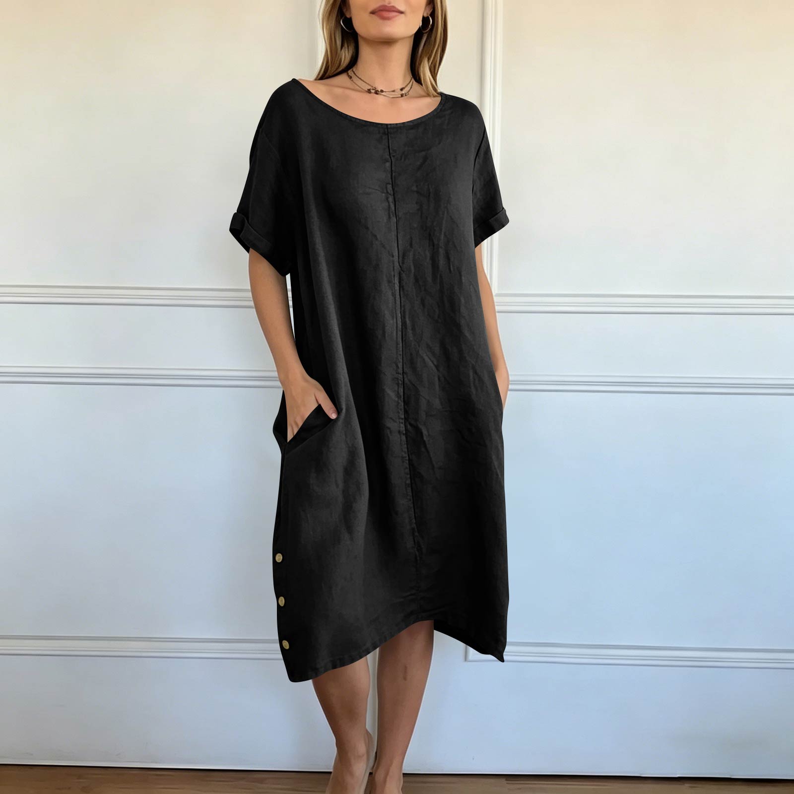 Loose Fit Short Sleeve Casual Dress Women Round Neck Relaxed Fit Comfortable Everyday Wear Midi Length Dress with Side Button Detail XXXL чёрный
Loose Fit Short Sleeve Casual Dress Women Round Neck Relaxed Fit Comfortable Everyday Wear Midi Length Dress with Side Button Detail XXXL чёрный