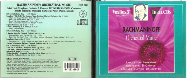 CD SLATKIN, LEONARD; RACHMANINOV, SERG - Rachmaninoff: Orchestral Music CD3X3002 VoxBox 1991 US Classical Used
CD SLATKIN, LEONARD; RACHMANINOV, SERG - Rachmaninoff: Orchestral Music CD3X3002 VoxBox 1991 US Classical Used