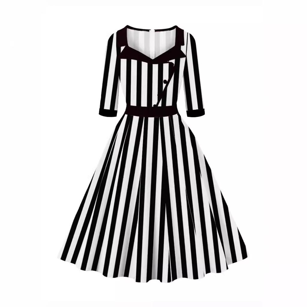 Women Retro 50s 60s Hepburn Short Sleeves Beetlejuice Stripe Dress Office Host Wedding Bride Bridesmaids Party Gowns S чёрный
Women Retro 50s 60s Hepburn Short Sleeves Beetlejuice Stripe Dress Office Host Wedding Bride Bridesmaids Party Gowns S чёрный