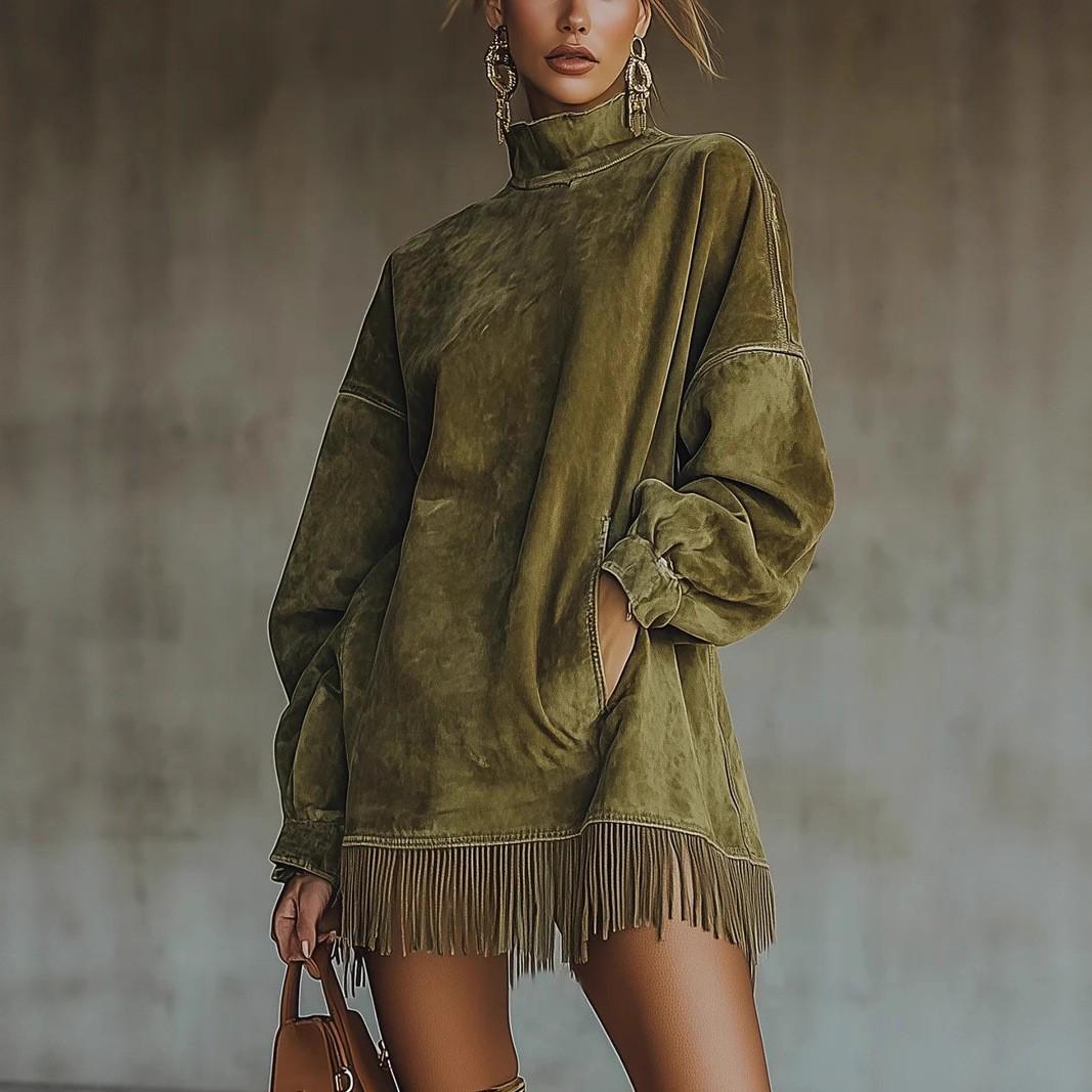 Women s 2025 Retro Suede Plush Long Sleeve Dress with High Collar and Tassel Accents L армія зелений колір
Women s 2025 Retro Suede Plush Long Sleeve Dress with High Collar and Tassel Accents L армія зелений колір