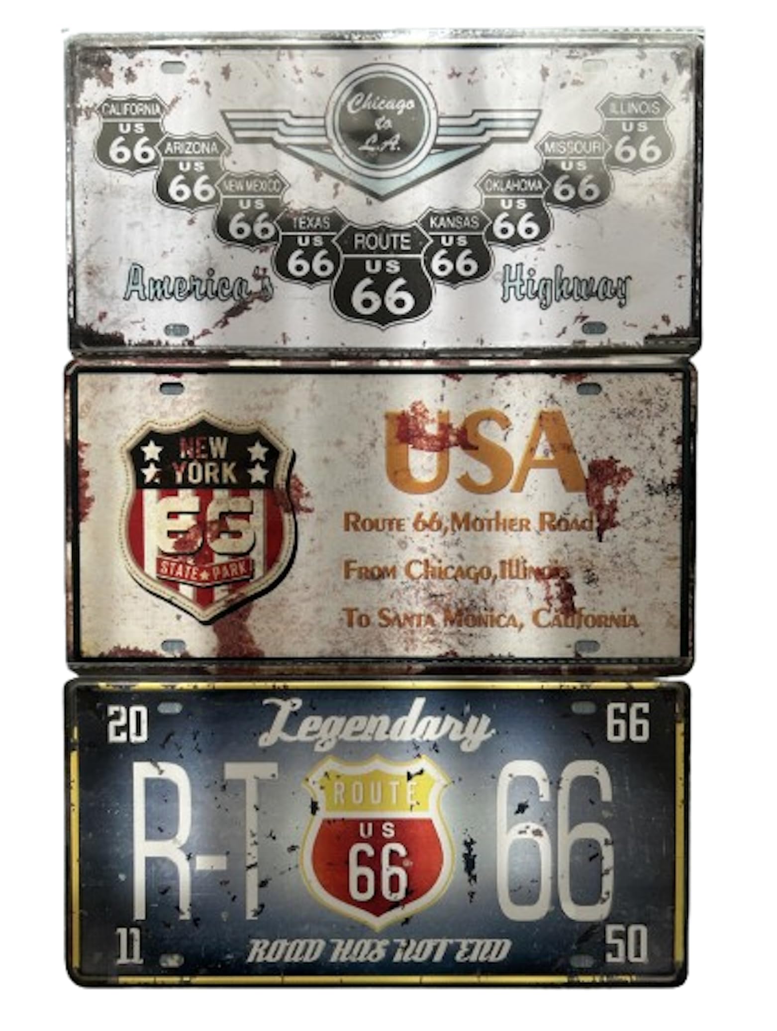 American Retro Goods Route 66 Series Tin Sign Plate 3 Piece Set
American Retro Goods Route 66 Series Tin Sign Plate 3 Piece Set