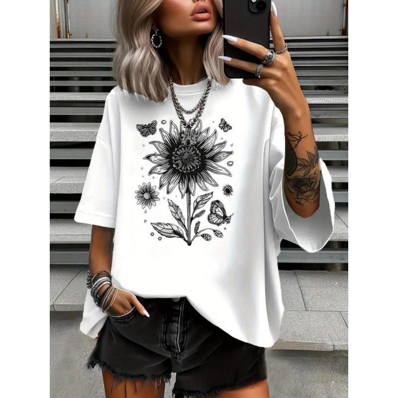 European Size Women S Black & White Sunflower & Butterfly Floral Print T-Shirt - Short Sleeve Round Neck Casual Basic Tee with Detailed Botanical Art 4XL
European Size Women S Black & White Sunflower & Butterfly Floral Print T-Shirt - Short Sleeve Round Neck Casual Basic Tee with Detailed Botanical Art 4XL