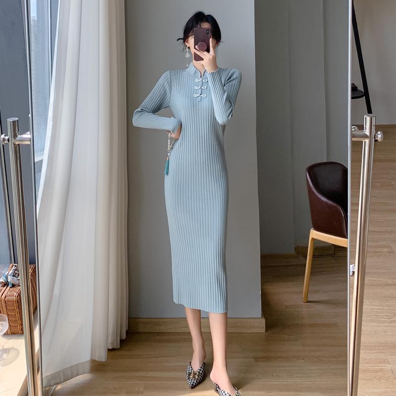 Реальное фото Осень/Зима 2024 Китайское ретро платье Ципао с длинным рукавом, вязаное Medium серо голубой