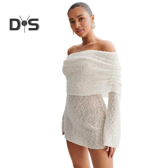 Женское платье с воротником-шалью, длинными рукавами-рогами, эластичное однотонное облегающее мини-платье длиной выше колена, вечернее платье для клуба S белый