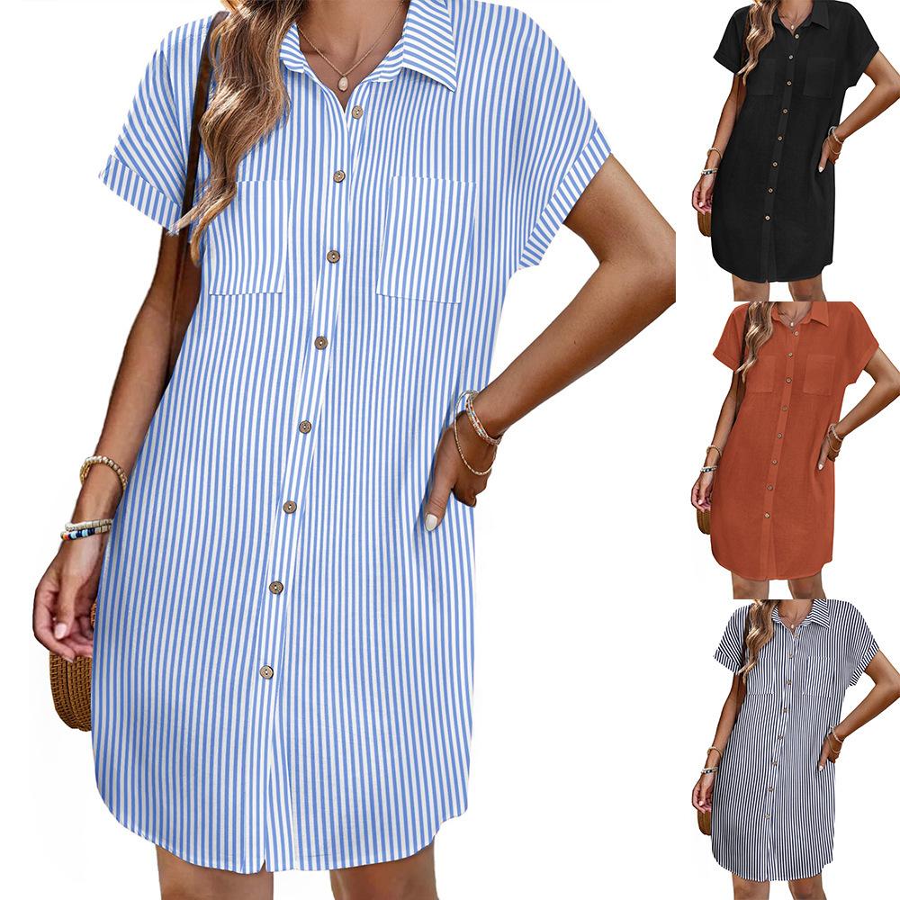 Women s Striped Shirt Dress Short Sleeve with Pocket, Lapel Collar, Button Front, Casual Office Dress (Blue/Black/Orange/Gray S
Women s Striped Shirt Dress Short Sleeve with Pocket, Lapel Collar, Button Front, Casual Office Dress (Blue/Black/Orange/Gray S