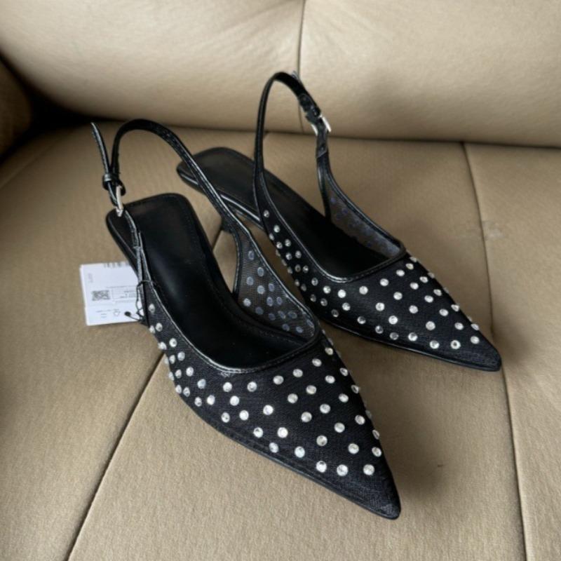 Модные Роскошные Сетки со Стразами Женские Босоножки на Высоком Каблуке 2025 Лето Острый Носок Платье Слингбэки Сексуальные Офисные Рабочие Женские Туфли-Мюли 41 чёрный