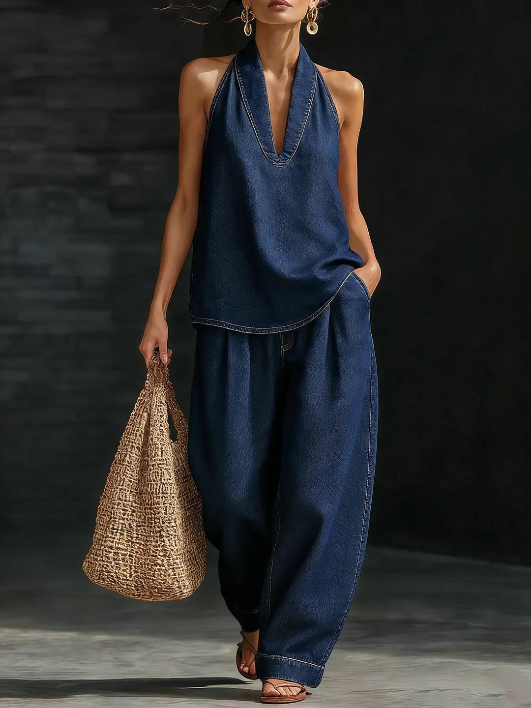 Womens Light Blue Denim Halter Neck Top and Wide Leg Pants Set XXXL темно-синього кольору
Womens Light Blue Denim Halter Neck Top and Wide Leg Pants Set XXXL темно-синього кольору