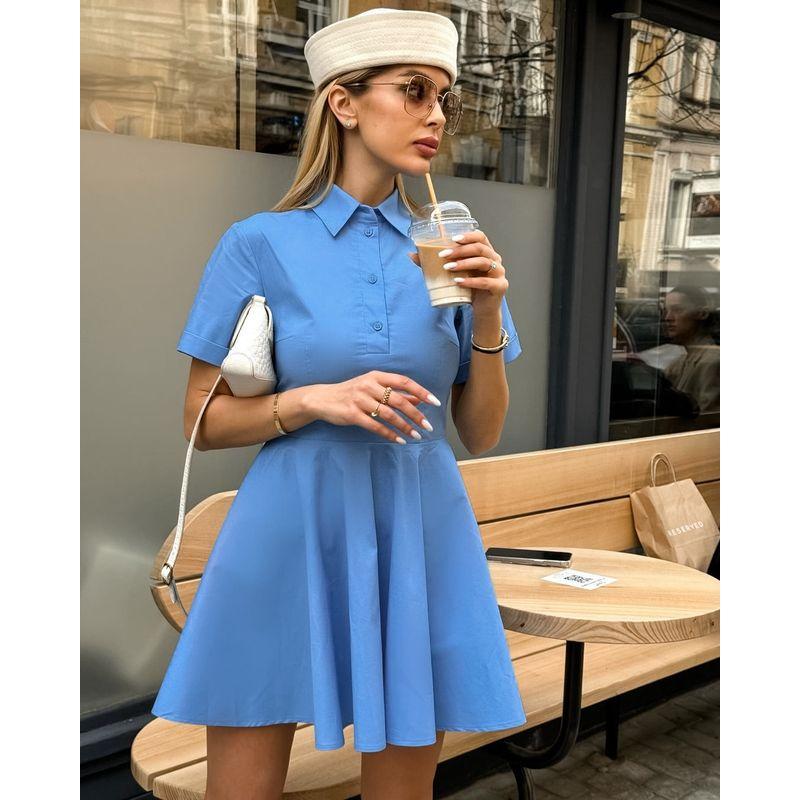 French style Lapel Short sleeve Summer Waist Hugging Dress Flip Collar Office Waist up Dress Blue L
French style Lapel Short sleeve Summer Waist Hugging Dress Flip Collar Office Waist up Dress Blue L