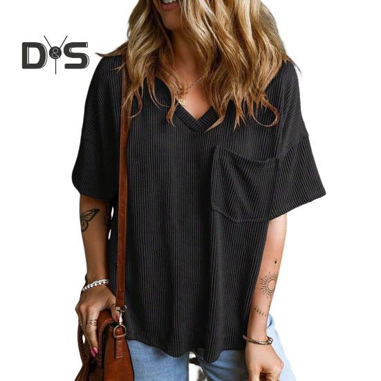 Женская футболка с V-образным вырезом, коротким рукавом, отделкой из кармана, однотонная повседневная свободная футболка на каждый день S чёрный
Женская футболка с V-образным вырезом, коротким рукавом, отделкой из кармана, однотонная повседневная свободная футболка на каждый день S чёрный