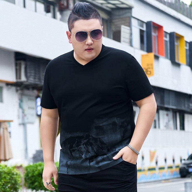 Толстая мужская модная повседневная футболка больших размеров с v-образным вырезом, Толстяк, ледяной шелк, очень большая молодежная хлопковая футболка, топ 3XL чёрный