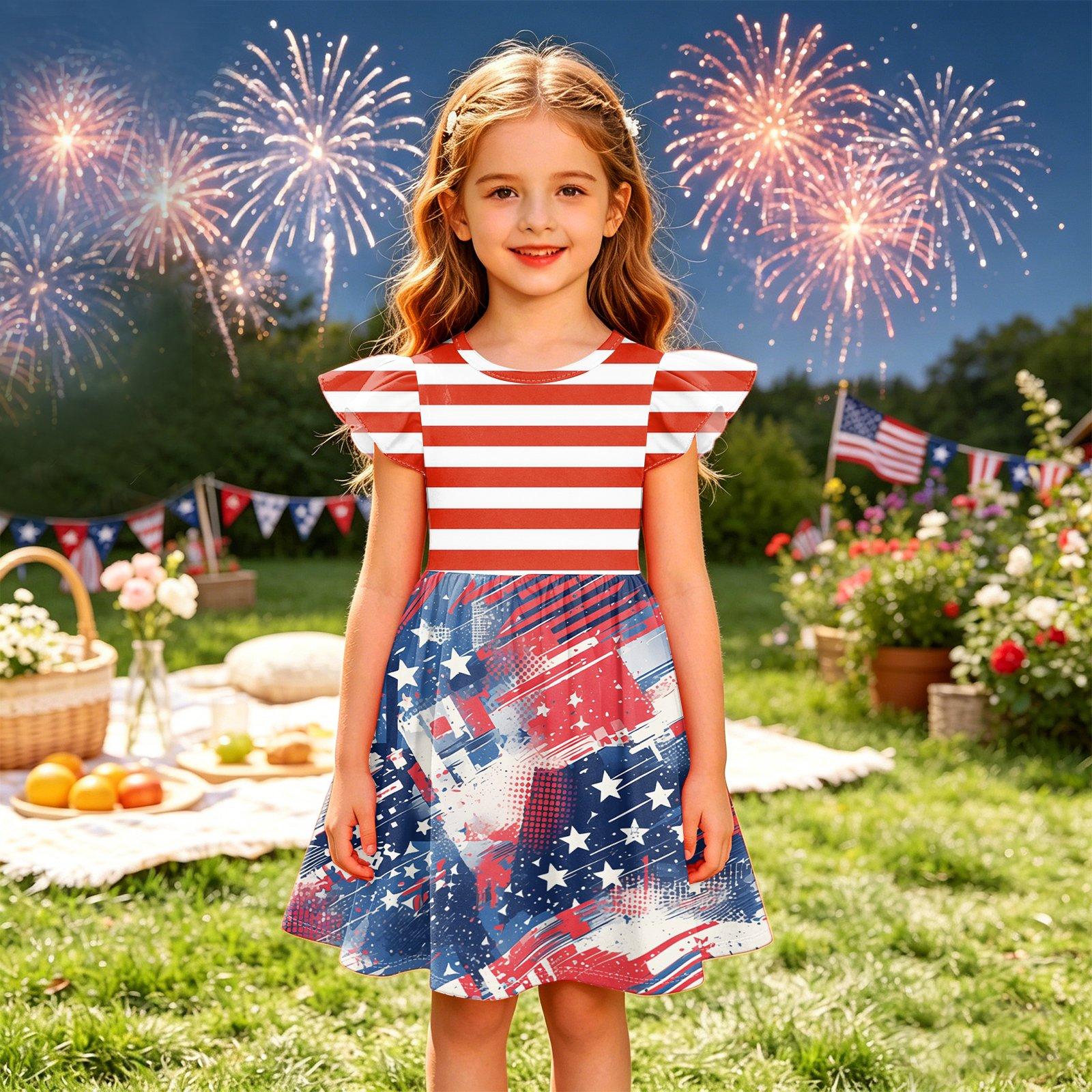 Girls Flutter Sleeve Dress Independence Day Style Patchwork Striped Top and Abstract Pattern Skirt Casual Summer Dress for Kids 120
Girls Flutter Sleeve Dress Independence Day Style Patchwork Striped Top and Abstract Pattern Skirt Casual Summer Dress for Kids 120