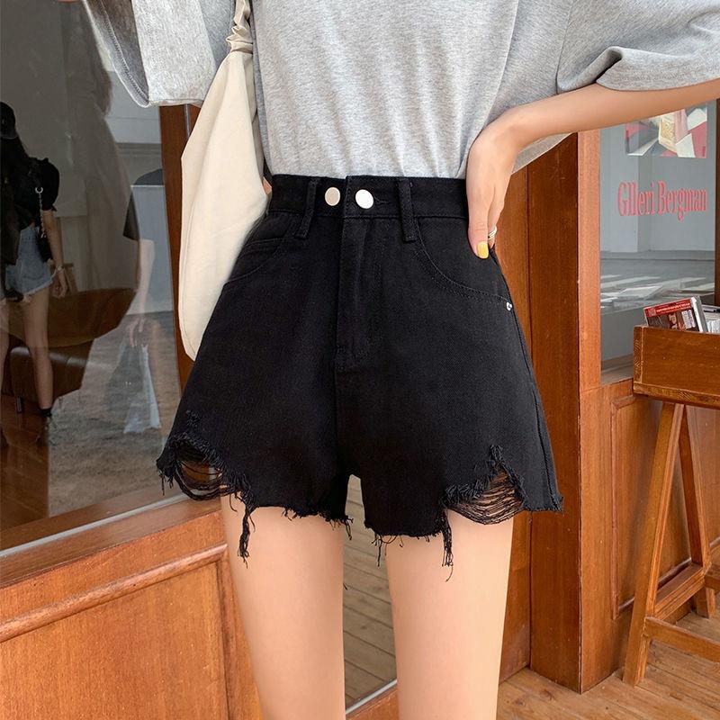 Классические и Минималистичные Модные Универсальные Женские Летние Шорты из Денима с Рваными Деталями, Высокой Посадкой, Тонкие, для Ношения На Улице, Широкие, А-силуэта, Индивидуальность 2XL чёрный