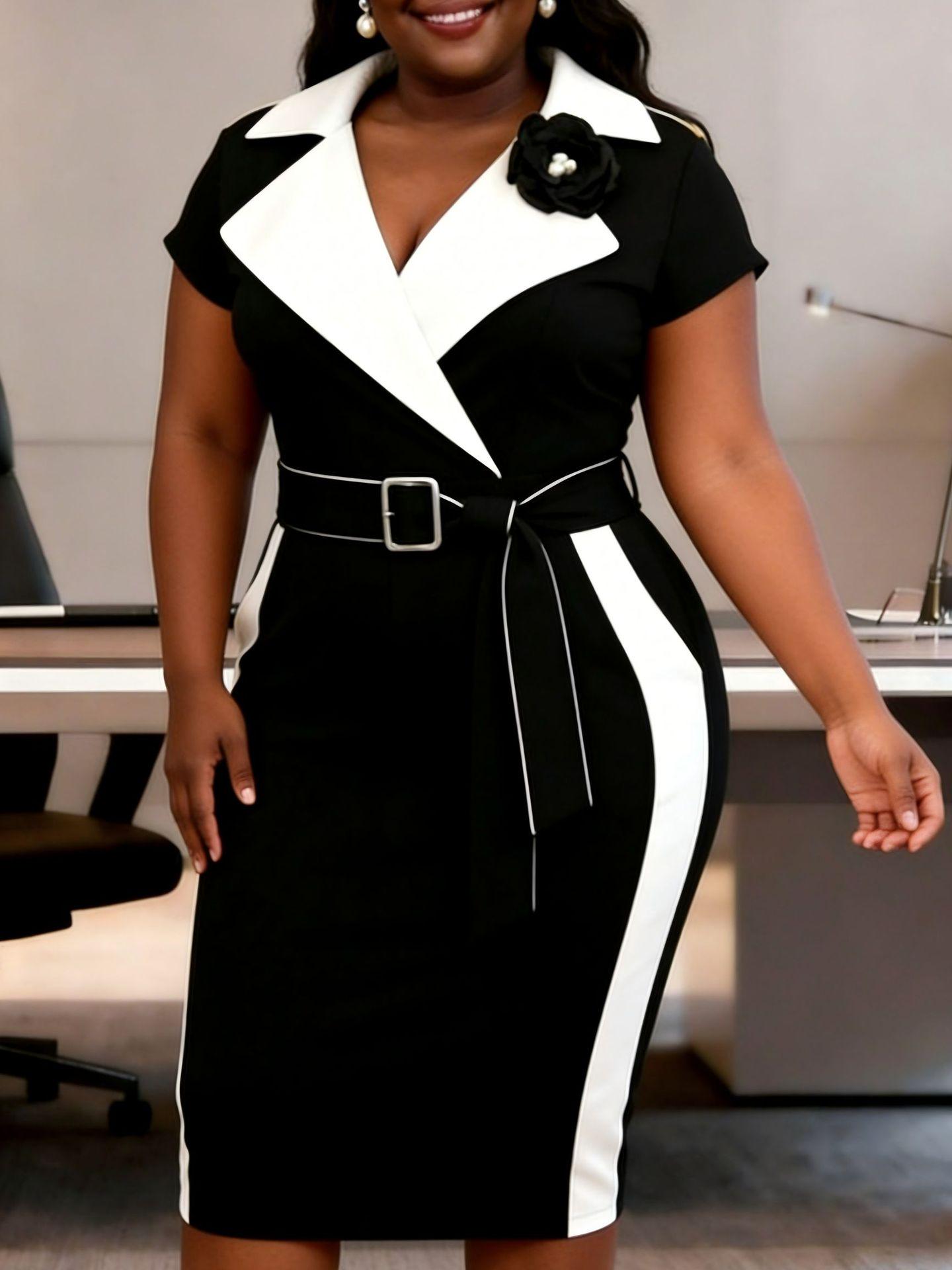 Plus Size Women s Color Block Lapel Dress - Short Sleeve, Waist-Cinched, Mid-Length Pencil Office Dress 4XL чорний
Plus Size Women s Color Block Lapel Dress - Short Sleeve, Waist-Cinched, Mid-Length Pencil Office Dress 4XL чорний