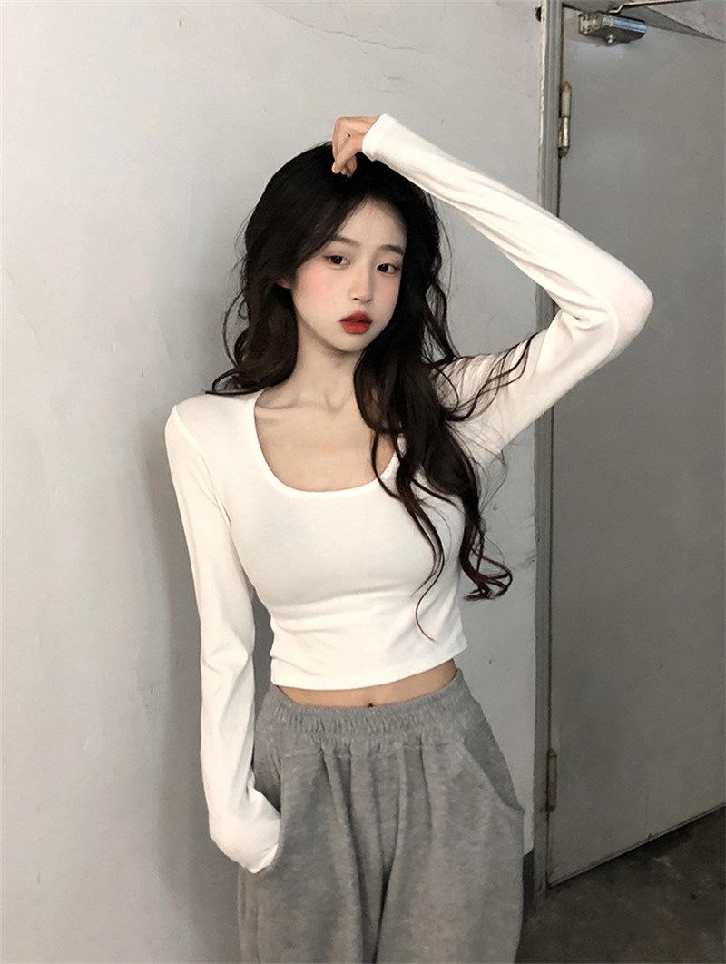Белая хлопковая футболка с круглым вырезом и длинными рукавами женская 2025 новая шикарная кофта на раннюю осень облегающая внутренняя базовая рубашка S белый