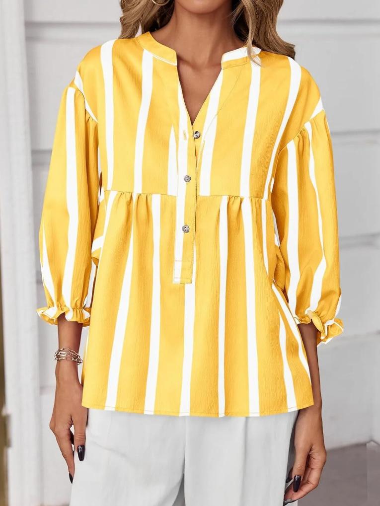 Multi-Color Stripe V-Neck Puff Sleeve Blouse with Button Front XXL жовтий
Multi-Color Stripe V-Neck Puff Sleeve Blouse with Button Front XXL жовтий
