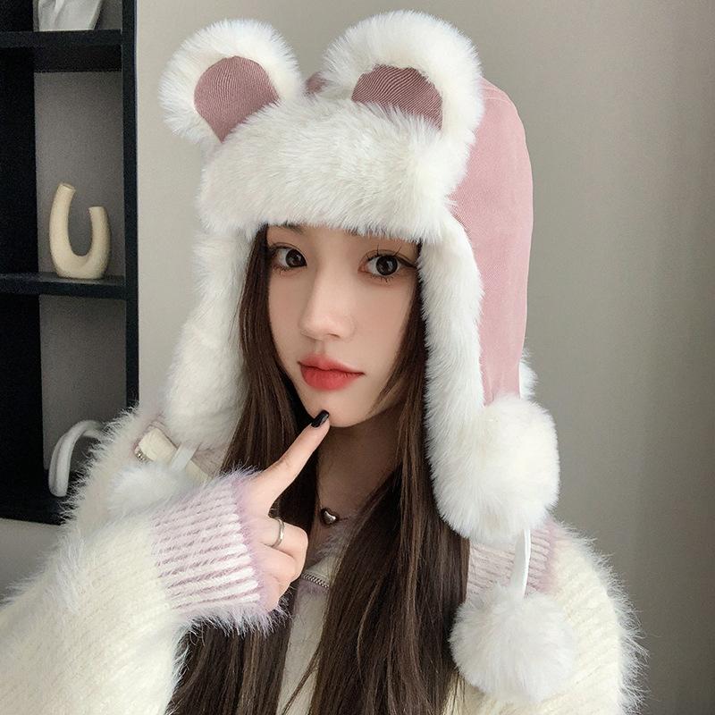 Зимняя шапка-ушанка с помпоном для женщин, уличная дорожная, теплая плюшевая шапка, милая шапка с кроличьими ушками розовый