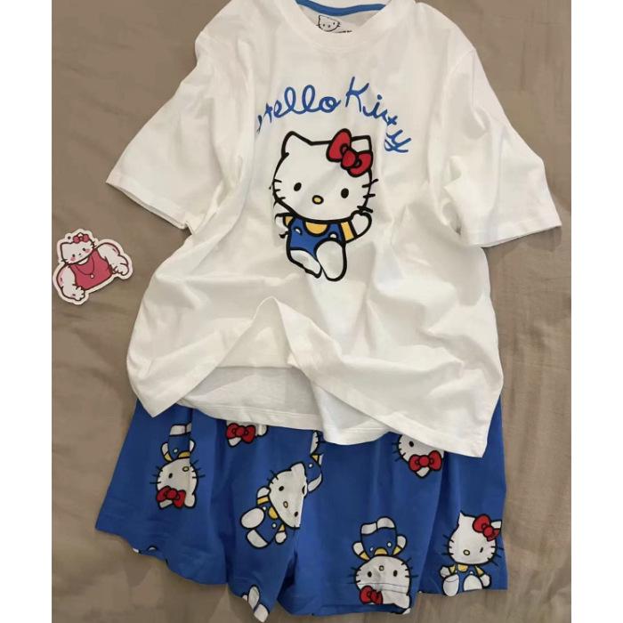 Women s Spring/Summer Short-Sleeve Pajama Set – White/Blue with KT Cat & Blue Flower Design L
Women s Spring/Summer Short-Sleeve Pajama Set – White/Blue with KT Cat & Blue Flower Design L