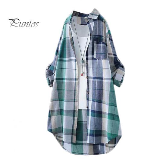 Женская рубашка с лацканами, длинным рукавом, цветной клетчатый принт, рубашка с карманом, свободный крой, однобортная рубашка средней длины XXXL зелёный
