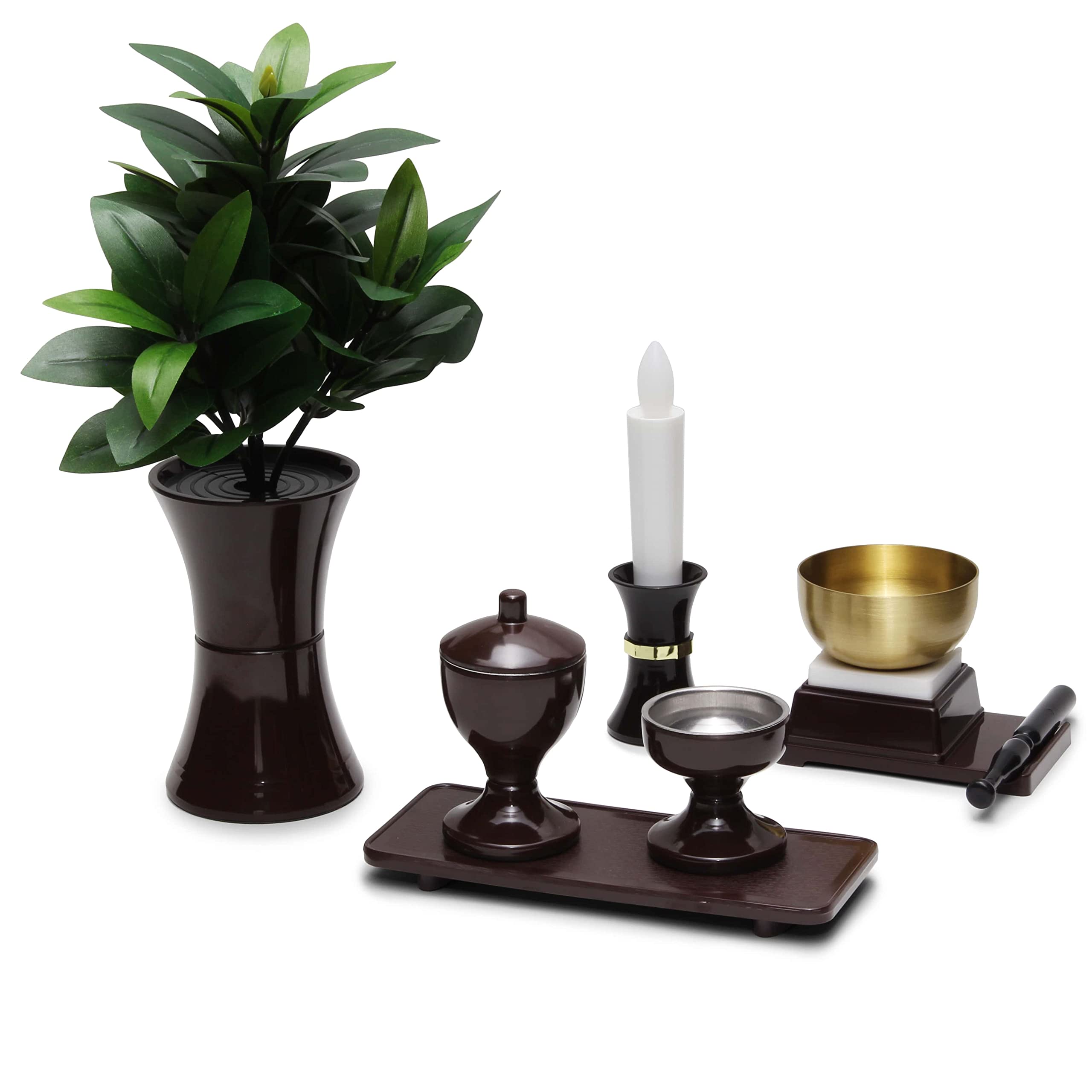 A 7-piece set of Soka Gakkai Buddhist altar accessories, featuring a rust-proof bell with a tranquil tone, water container, rice bowl, tray, flower
A 7-piece set of Soka Gakkai Buddhist altar accessories, featuring a rust-proof bell with a tranquil tone, water container, rice bowl, tray, flower