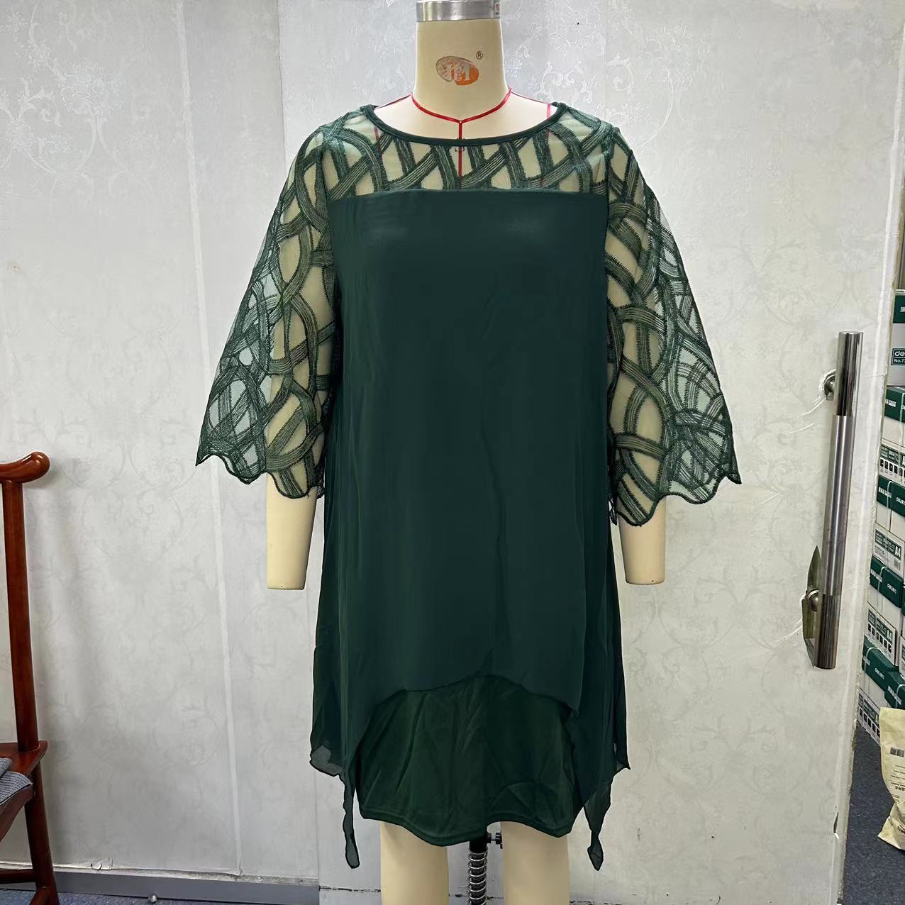 Lace stitching seven-quarter sleeve irregular hem chiffon dress 6XL
Lace stitching seven-quarter sleeve irregular hem chiffon dress 6XL