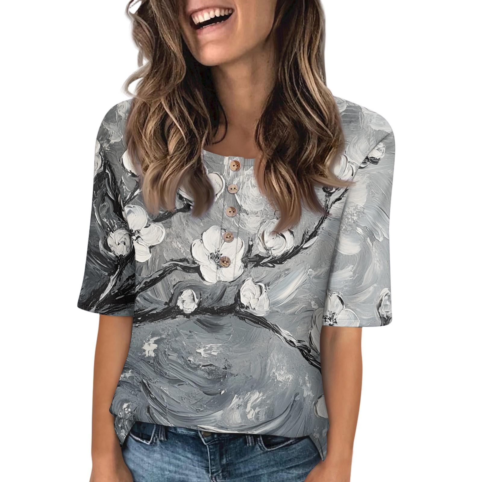 Women s Fashion Printed Round Neck Button Half Sleeve Casual Top L
Women s Fashion Printed Round Neck Button Half Sleeve Casual Top L