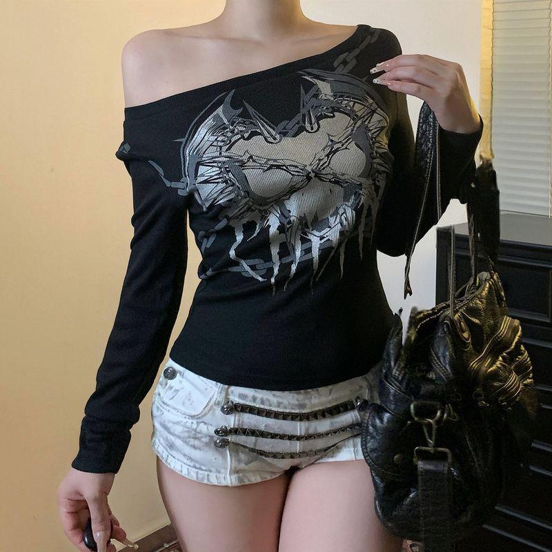 Y2K Hot Girl Style Personalized Printed Subculture Off-Shoulder Long-Sleeve Top with Dark Style and Dual-Wear Design Casual T-Shirt for Women Black S
Y2K Hot Girl Style Personalized Printed Subculture Off-Shoulder Long-Sleeve Top with Dark Style and Dual-Wear Design Casual T-Shirt for Women Black S