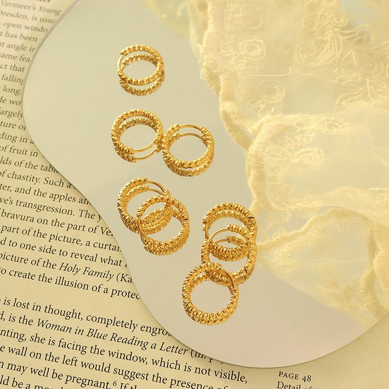 18K Gold Plated Geometric Circle Embossed Niche Titanium Steel Earrings for Women
18K Gold Plated Geometric Circle Embossed Niche Titanium Steel Earrings for Women