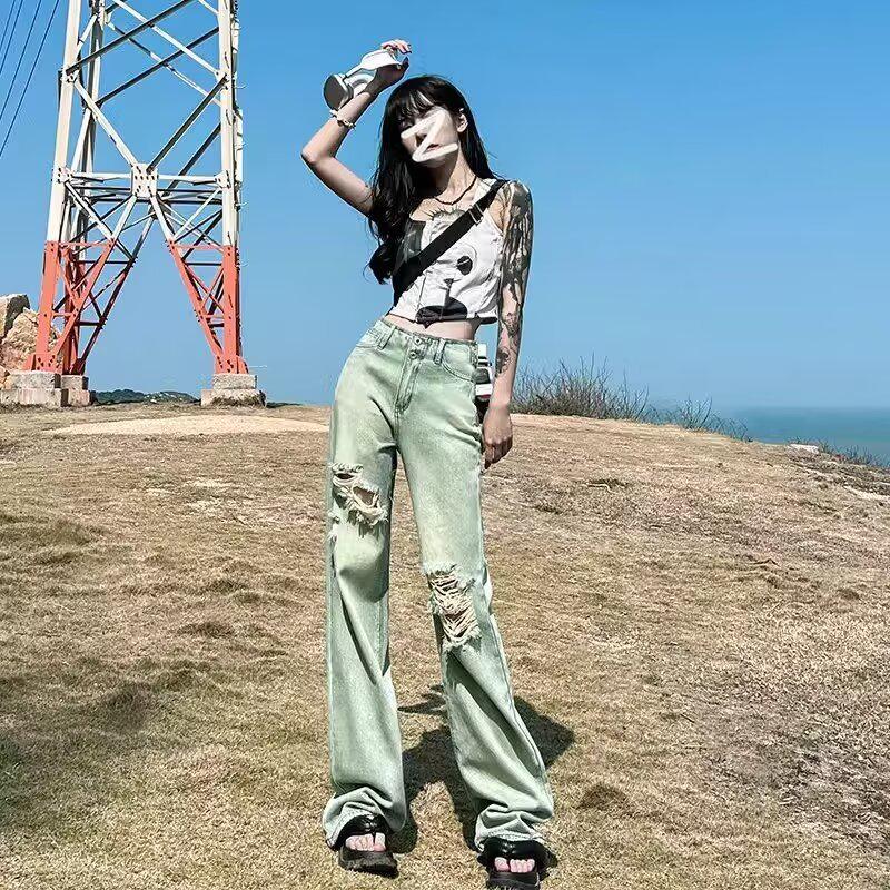 Женские ретро джинсы с завышенной талией и рваными деталями на весну/лето 2024 - Стройнящие, универсальные, свободные, брюки прямого кроя с широкими штанинами. 2XL