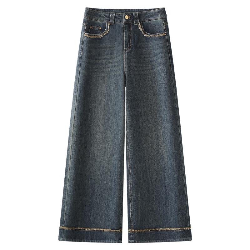 Женские ретро синие джинсы широкие штанины - 2024 Новые осенне-зимние рваные зауженные прямые брюки XL