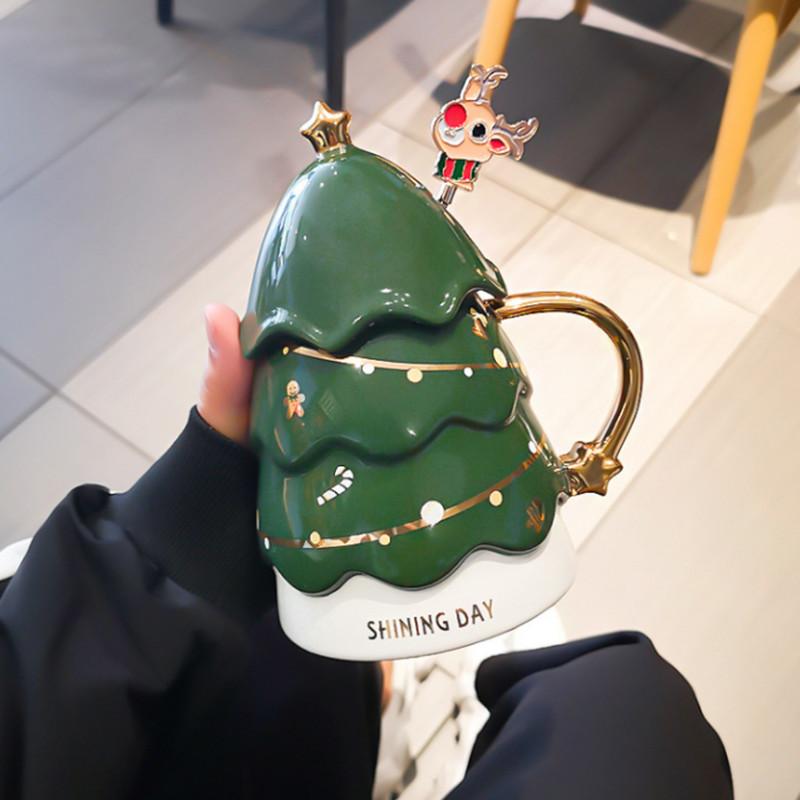 1 шт. 3D INS Рождественская елка кружка креативная керамическая 460 мл большая емкость молоко кофе термос чашка с крышкой олень ложка рождественская вечеринка подарок 301-400ml
