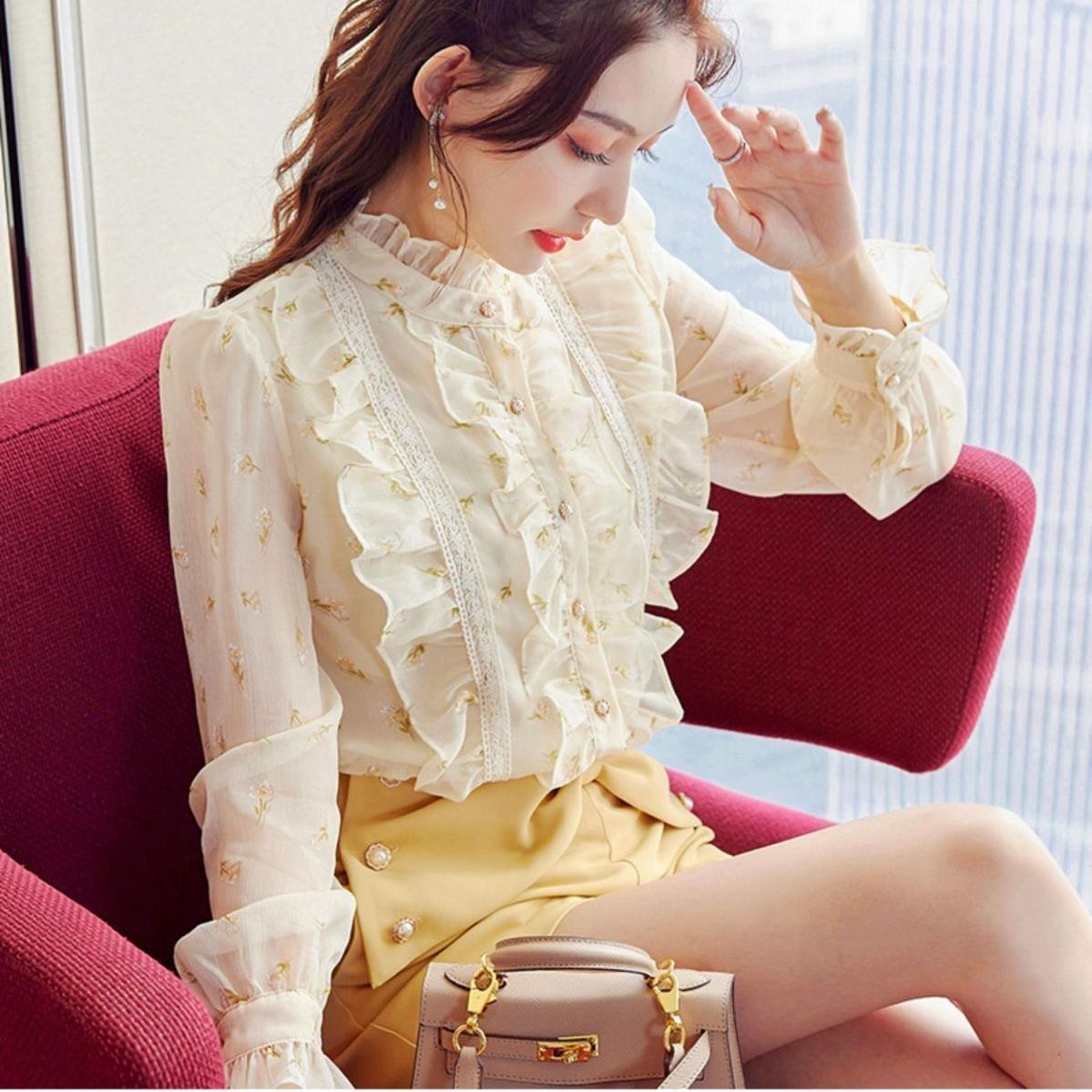 Шифоновая рубашка с рюшами, милая шикарная женская блузка с длинным рукавом и принтом, топ с воротником-стойкой, элегантные рубашки, женская одежда 3XL
Шифоновая рубашка с рюшами, милая шикарная женская блузка с длинным рукавом и принтом, топ с воротником-стойкой, элегантные рубашки, женская одежда 3XL