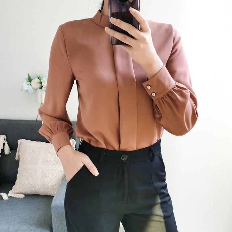 Весенне-летняя однотонная шифоновая пригородная рубашка с круглым вырезом и длинными рукавами, универсальные блузки