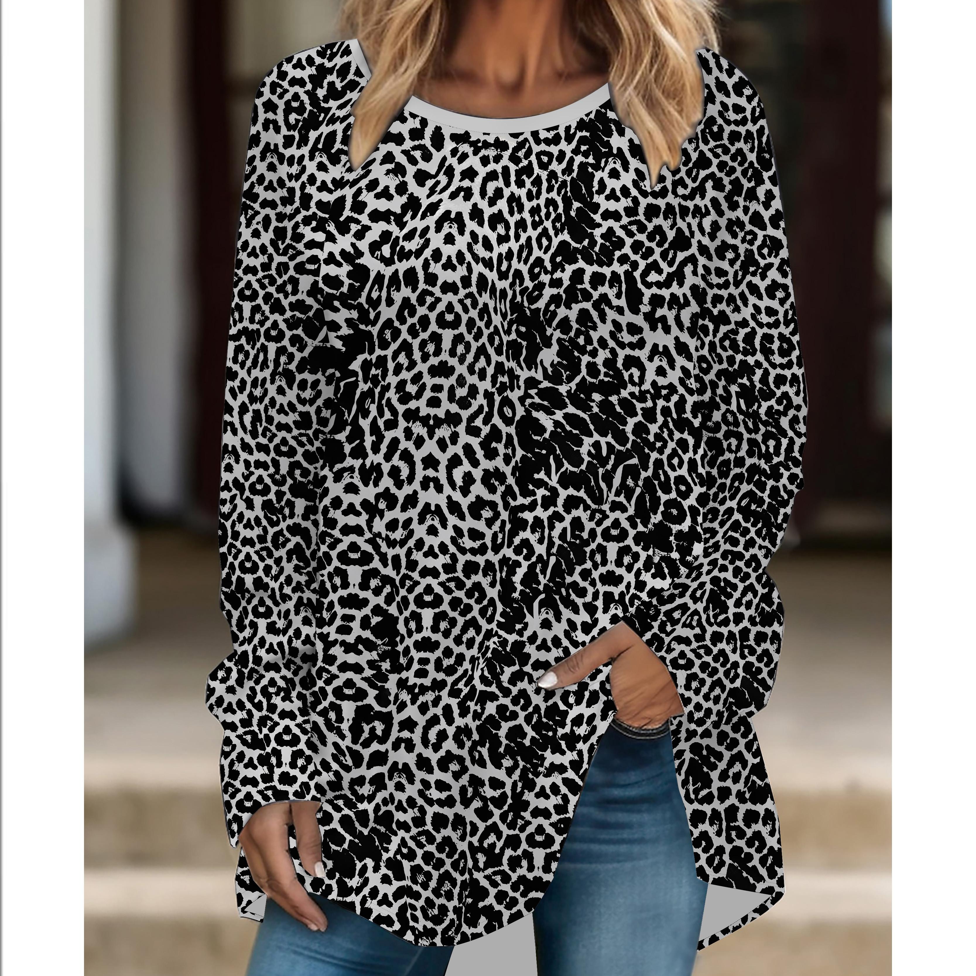 Жіноча модна особистість великого розміру Леопардовий принт Зручна футболка з довгим рукавом та круглим вирізом Повсякденна мішкувата футболка середньої довжини Топи 6XL темно-синього кольору
Жіноча модна особистість великого розміру Леопардовий принт Зручна футболка з довгим рукавом та круглим вирізом Повсякденна мішкувата футболка середньої довжини Топи 6XL темно-синього кольору