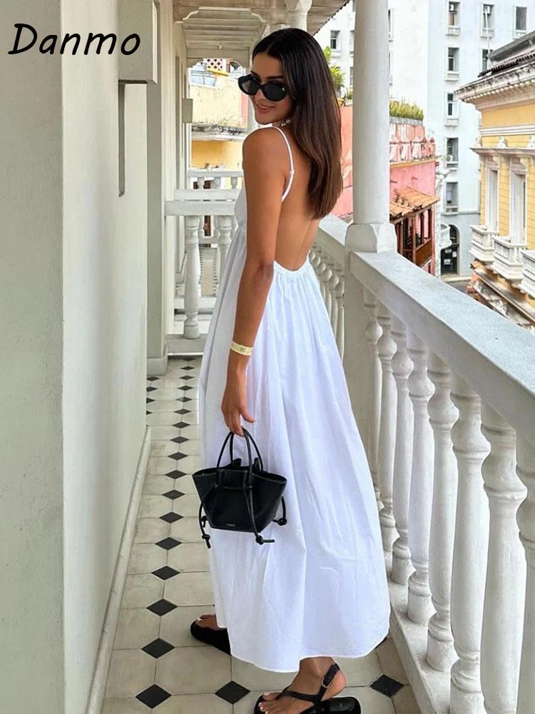 Danmo сексуальное платье миди с открытой спиной, платье без рукавов с v-образным вырезом, модное летнее женское повседневное свободное пляжное платье, праздничное белое длинное платье