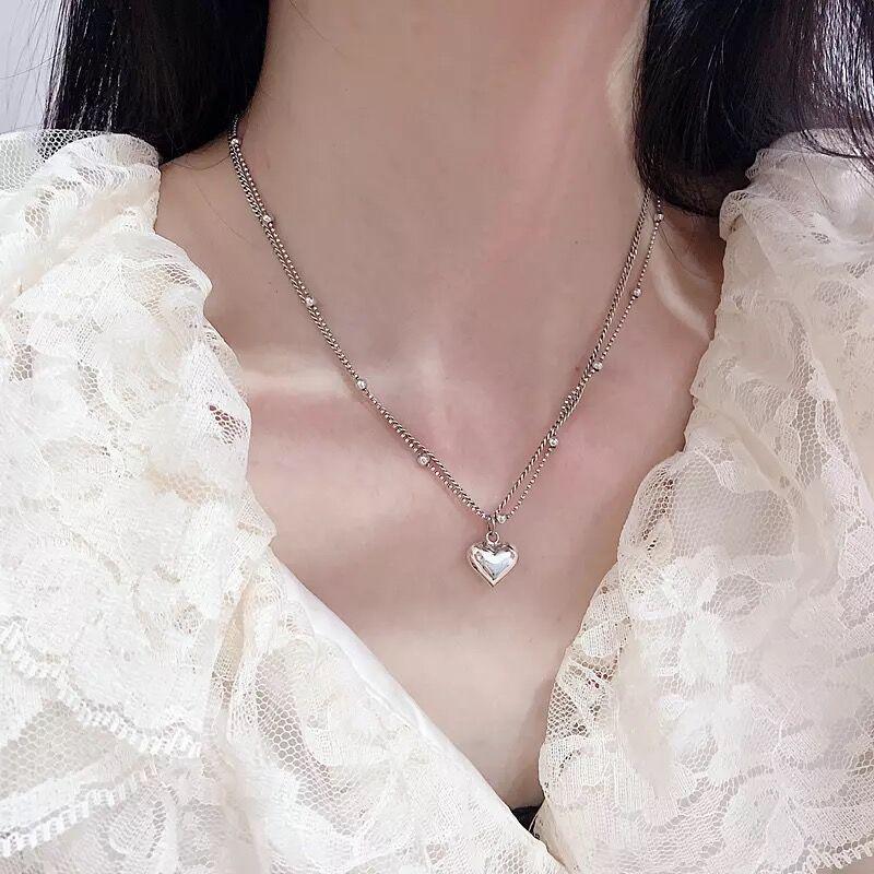 Double Layer Heart & Bead S925 Sterling Silver Necklace - Women s Fashion Retro Korean Style 925 Silver
Double Layer Heart & Bead S925 Sterling Silver Necklace - Women s Fashion Retro Korean Style 925 Silver