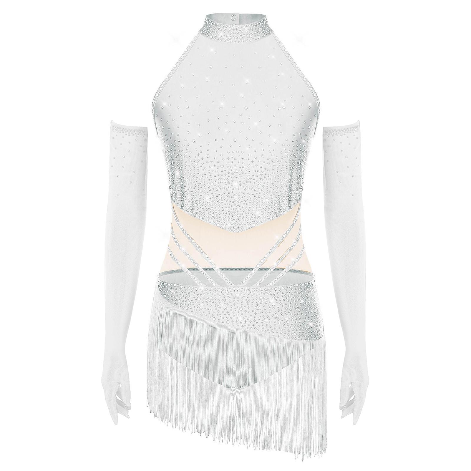 Жіночий костюм для фігурного катання, безрукавний купальник, відкрита спина, спідниця з китицями, боді з сітчастими рукавичками, латинський комплект XS білий
Жіночий костюм для фігурного катання, безрукавний купальник, відкрита спина, спідниця з китицями, боді з сітчастими рукавичками, латинський комплект XS білий