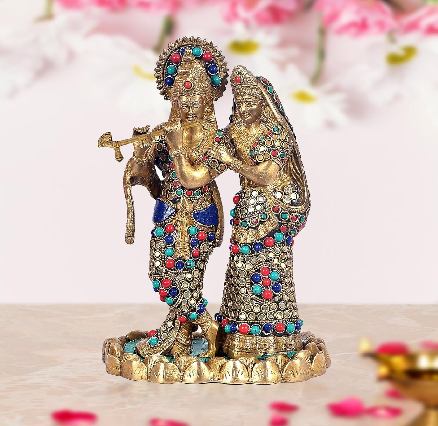 Pure Brass Radha Krishna Idol, Inlay Work Religious Statue, Multicolor -11 Inch
Pure Brass Radha Krishna Idol, Inlay Work Religious Statue, Multicolor -11 Inch