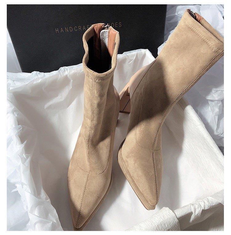 Однотонные универсальные тонкие ботинки 2025 новая водонепроницаемая платформа на высоком каблуке толстый каблук острый носок женские ботинки задняя молния легко надевать короткие ботинки 40 абрикосовый