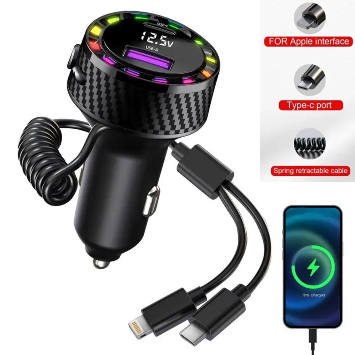 60W Car Phone Charger Cigarette Power Adapter Colorful RGB Light with Apple Type-C Port Charging Cable for IPhone Huawei Xiaomi чорний
60W Car Phone Charger Cigarette Power Adapter Colorful RGB Light with Apple Type-C Port Charging Cable for IPhone Huawei Xiaomi чорний