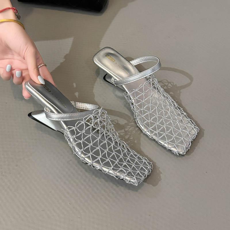 Мода Новые Странные Стиль Квадратный Носок Женские Тапочки Воздушная Сетка Увеличение Роста Мода Однотонные Летняя Верхняя Одежда Женская Обувь Zapatos Mujer 40 серебряный