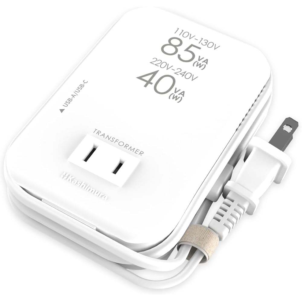 Kashimura NTI-80 Slim 2-Port Transformer for International Use, USB A+C, PD20W, 110-130V/85VA, 220-240V/41VA, 1m Cable, Power Plug: Type A, Output Out
Kashimura NTI-80 Slim 2-Port Transformer for International Use, USB A+C, PD20W, 110-130V/85VA, 220-240V/41VA, 1m Cable, Power Plug: Type A, Output Out