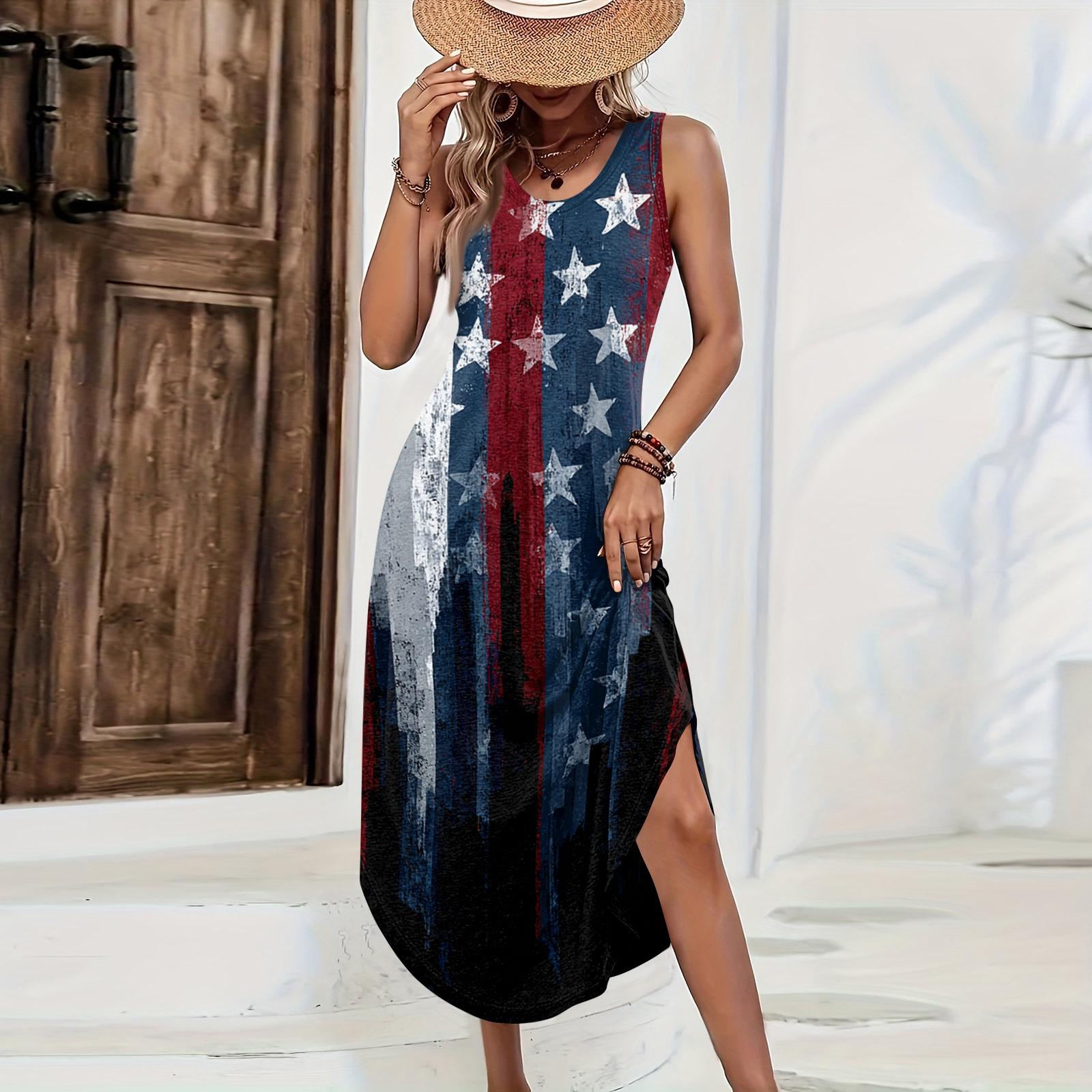 Women Sleeveless Maxi Dress Loose Fit Casual Long Dress with Independence Day Print Side Slit Summer Beach Dress L
Women Sleeveless Maxi Dress Loose Fit Casual Long Dress with Independence Day Print Side Slit Summer Beach Dress L