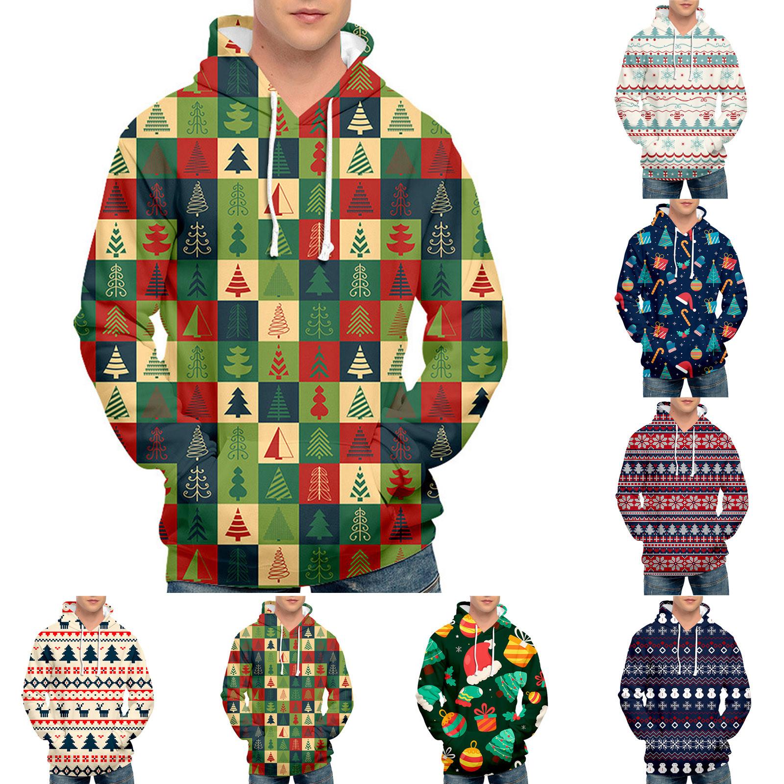Рождественский модный принт Свободный мужской и женский тонкий свитер с капюшоном 
Рождественский модный принт Свободный мужской и женский тонкий свитер с капюшоном