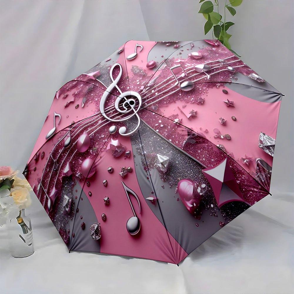 A Portable Folding Umbrella Featuring Musical Notes And a Clef Against a Pink And Silver Sparkly Backdrop. It S a Convenient Accessory for O
A Portable Folding Umbrella Featuring Musical Notes And a Clef Against a Pink And Silver Sparkly Backdrop. It S a Convenient Accessory for O