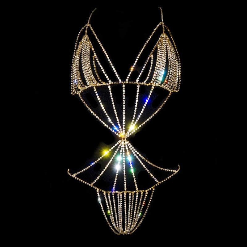 Trendy Seksi Shining Rhinestone Body Chain Diamond Halter Kolye One Beach Bikini Seti Bayan