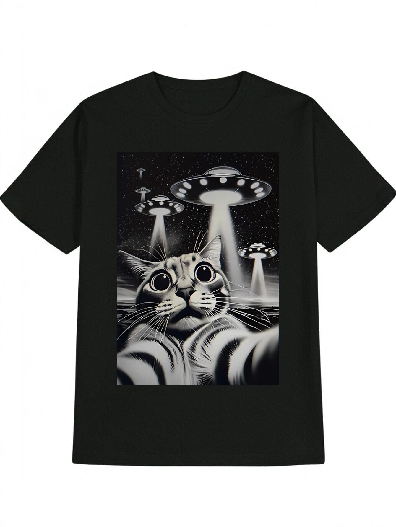 Casual Crew Neck T-shirt with Cat and UFO Print - Black L
Casual Crew Neck T-shirt with Cat and UFO Print - Black L