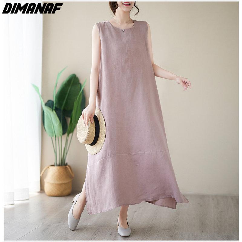 DIMANAF 2023 женское летнее свободное платье трапециевидной формы большого размера, длинное платье из хлопка и льна без рукавов, однотонное платье L